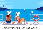 Two Females Sunbathing on Sea Pier Poster. Woman in sun hat enjoy seaside landscape, yachts vector illustration. Blue ocean scenic view cartoon. Summer holiday vacation season tourist trip background