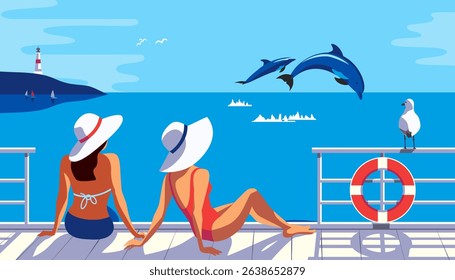 Two Females Sunbathing on Sea Pier Poster. Woman in sun hat enjoy playful dolphins jumping vector illustration. Blue ocean scenic view cartoon. Summer holiday vacation season tourist trip background