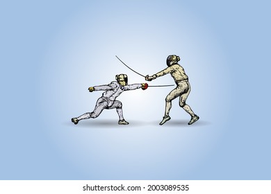 Dos esgrimistas enfrentándose en un duelo de esgrima. Ilustración vectorial dibujada a mano.