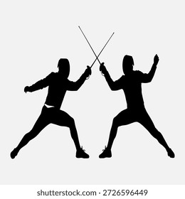 Dos esgrimistas en acción, siluetados contra un fondo blanco, participando en un partido de esgrima con espadas cruzadas.