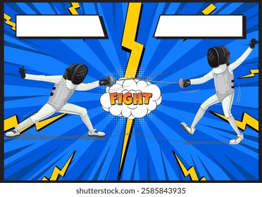 Two fencers engage in a vibrant duel