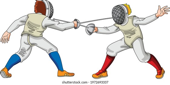 two fencers playing white background