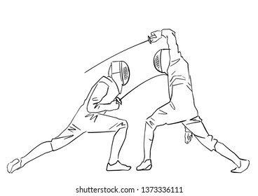 Two fencing athletes. Fencing championship. Contour drawing. Fencer at tournament. Fighting swordsmen in protective sportswear. Vector hand drawn illustration. Isolated silhouette.