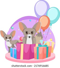 Two fennec foxes with gift boxes and balloons illustration