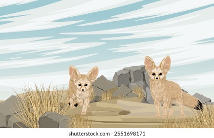 Dos zorros de valla sentados en suelo rocoso del desierto con piedras planas y hierba seca. Vida silvestre del desierto. Paisaje de Vector realista