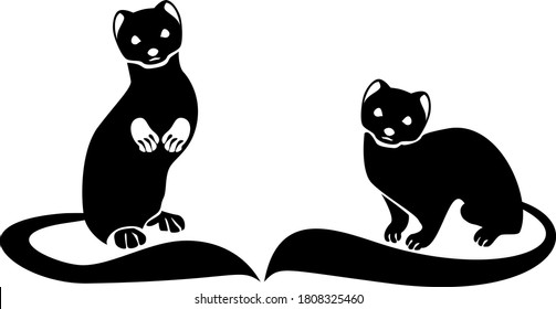 Two ferrets with long tails Stylized vector monochrome image.