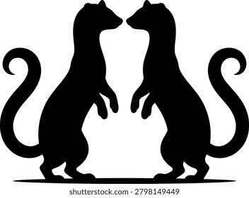 Two ferrets standing face to face in black silhouette with silhouette wildlife mustelid standing symmetrical