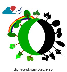 Two fertile trees with drought around the world, the sky, the sun, the cloud, the rainbow, the Bird, the white background.	wildlife

