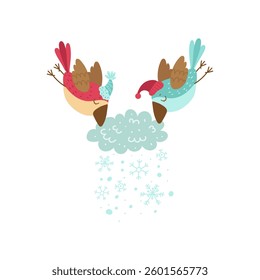 Two festive birds in hats playing with a cloud of snowflakes, spreading Christmas cheer. Fun and light-hearted illustration for holiday projects.