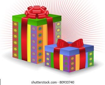 two festive box with painted flowers and red ribbons