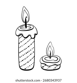 Duas velas festivas com chamas brilhantes em estilo de arte de linha preto e branco, perfeito para colorir páginas, celebrações de Ano Novo e projetos temáticos de férias. Ilustração vetorial