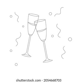Two festive champagne glasses. Vector outline illustration. Suitable for use as icons, postcards, invitations, typography, websites, brochures and banners. 