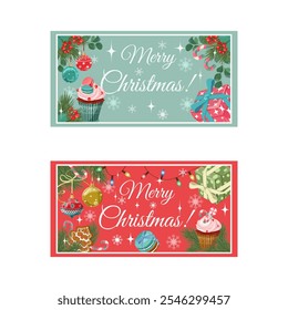 Two festive Christmas card with fir tree and festive decorations balls, gingerbread, snowflakes, gifts. Christmas template for banner, ticket, leaflet, card, invitation, poster and so on