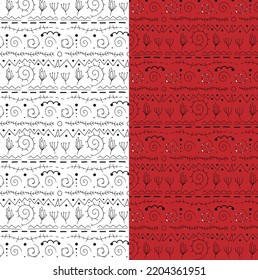 Two festive Christmas patterns - on a transparent and on a red background. Hand drawn black vector ornaments.