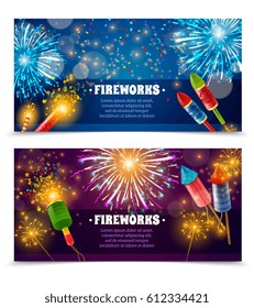 Two festive firework horizontal banners set with text firecrackers rockets and indian lights sparklers isolated vector illustration