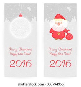 Two festive  greeting cards in gray-and-red colors with New Year's ball and funny Ded Moroz, on winter landscape background. Merry Christmas and happy New Year 2016