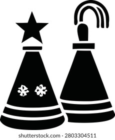 Two festive party hats, one adorned with a star and other with a rainbow, depicted in a flat black vector illustration on a transparent background, celebration concept.