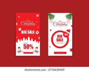Dos anuncios festivos de año nuevo rojo blanco feliz Navidad adecuados para materiales de marketing navideño, publicaciones en redes sociales, Anuncios de Sitio web y tarjetas de felicitación.
