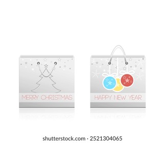 Two festive shopping bags with holiday designs. One has a Christmas tree with stars and says Merry Christmas. The other has colorful ornaments and says Happy New Year. Ideal for gift shopping