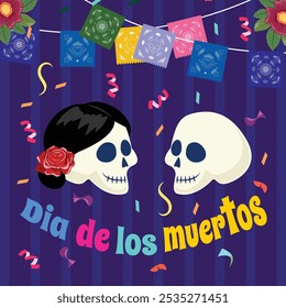 Dois crânios festivos, fêmea com flor, macho com uma grinalda acima, celebrando Dia de los Muertos.