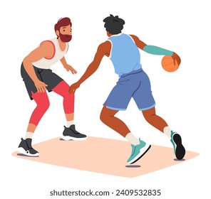 Zwei dicke Basketballspieler kämpfen in einem Raster für den Ball, ihre Entschlossenheit zeigt sich in jeder Intensivbewegung, wodurch ein Rilling Court Showdown entsteht. Vektorgrafik von Cartoon People