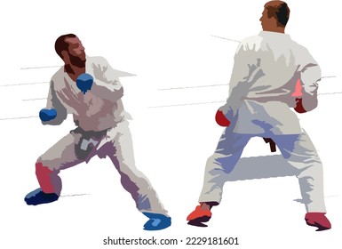 Two fighter are compete in arena during for karate match. one player seemed to retreat away from his opponent