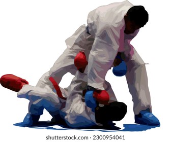 Two fighter are compete in arena during for karate match. one fighter fell on the ground by getting hit by his opponent