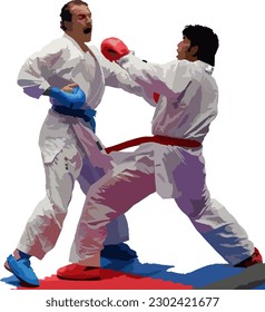 Two fighter are compete in arena during for karate match. A fighter tries to kick his opponent with a high kick