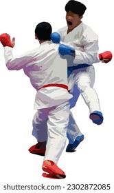 Two fighter are compete in arena during for karate match.Karate melee combat