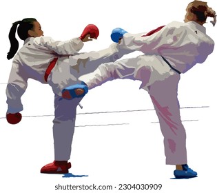 Two fighter are compete in arena during for karate match. Both fighters took high kicks to their opponents