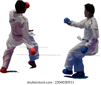 Two fighter are compete in arena during for karate match. A fighter prepares to make a flip-kick to his opponent