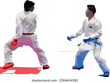 Two fighter are compete in arena during for karate match. 