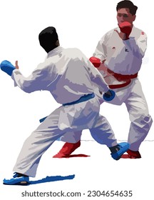 Two fighter are compete in arena during for karate match. both fighters prepare a devastating attack on their opponent