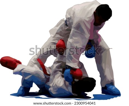 Two fighter are compete in arena during for karate match. one fighter fell on the ground by getting hit by his opponent