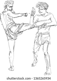 The two fighter in Muay Thai kick boxing game is competing with the player who kick so hard and the other one defensively catch his move.