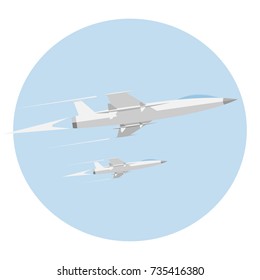 Two fighter planes are flying in the sky. Vector, flat.