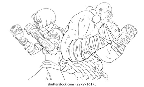 Two fighters, cute girl in brass knuckles and a giant brutal man in bandages, they are comrades in arms standing back to back preparing to fight and cover each other 2d anime linear art coloring book