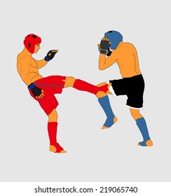 Two fighters in ring vector illustration.Fight Fighter Muay Thai Boxing Karate Taekwondo Wrestling Kick Punch Grab Throw People Icon Sign Symbol Pictogram. In octagon.