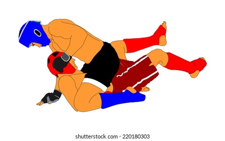 Two fighters in ring vector illustration.Fight Fighter Muay Thai Boxing Karate Taekwondo Wrestling Kick Punch Grab Throw People Icon Sign Symbol Pictogram In octagon.
