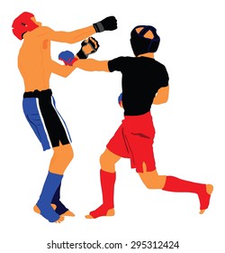 Two fighters in ring vector illustration.Fight Fighter Muay Thai Boxing Karate Taekwondo Wrestling Kick Punch Grab Throw People.