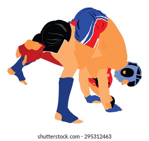 Two fighters in ring vector illustration.Fight Fighter Muay Thai Boxing Karate Taekwondo Wrestling Kick Punch Grab Throw People.