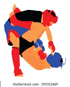 Two fighters in ring vector illustration.Fight Fighter Muay Thai Boxing Karate Taekwondo Wrestling Kick Punch Grab Throw People.