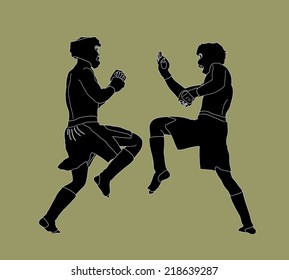 Two fighters in ring vector silhouette illustration. Fight Fighter Muay Thai Boxing Karate Taekwondo Wrestling Kick Punch Grab Throw People Icon Sign Symbol Pictogram. In octagon.