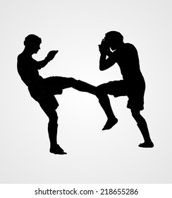 Two fighters in ring vector silhouette illustration.Fight Fighter Muay Thai Boxing Karate Taekwondo Wrestling Kick Punch Grab Throw People Icon Sign Symbol Pictogram In octagon.