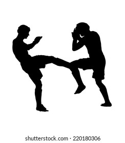 Two fighters in ring vector silhouette illustration.Fight Fighter Muay Thai Boxing Karate Taekwondo Wrestling Kick Punch Grab Throw People Icon Sign Symbol Pictogram In octagon.