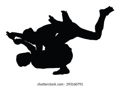 Two fighters in ring vector silhouette illustration.