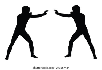Two fighters in ring vector silhouette illustration.
