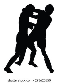 Two Fighters In Ring Vector Silhouette Illustration.Fight Fighter Muay Thai Boxing Karate Taekwondo Wrestling Kick Punch Grab Throw People Icon Sign Symbol Pictogram In Octagon