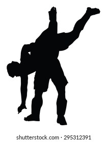 Two fighters in ring vector silhouette illustration.Fight Fighter Muay Thai Boxing Karate Taekwondo Wrestling Kick Punch Grab Throw People.
