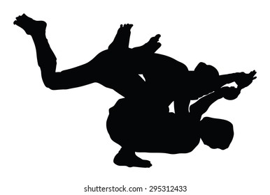 Two fighters in ring vector silhouette illustration. Fight Fighter Muay Thai Boxing. Karate Taekwondo Wrestling. Kick Punch Grab Throw People Icon. 